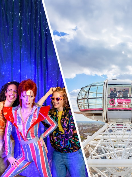 Madame Tussauds wax figures and London Eye in the background, London.