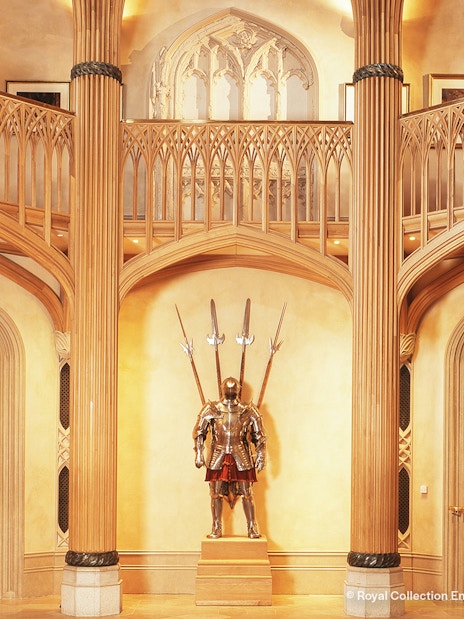 Windsor Castle interior showcasing ornate ceiling and historic furnishings.