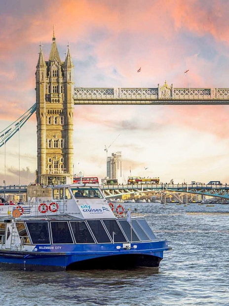 Thames River dinner cruise near Tower Bridge, London.