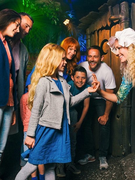 Visitors enjoying the Shrek's Adventure! London tour, featuring interactive exhibits and fun-filled activities for families