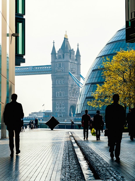 Tower Bridge in London with view of the iconic bascules and river Thames.