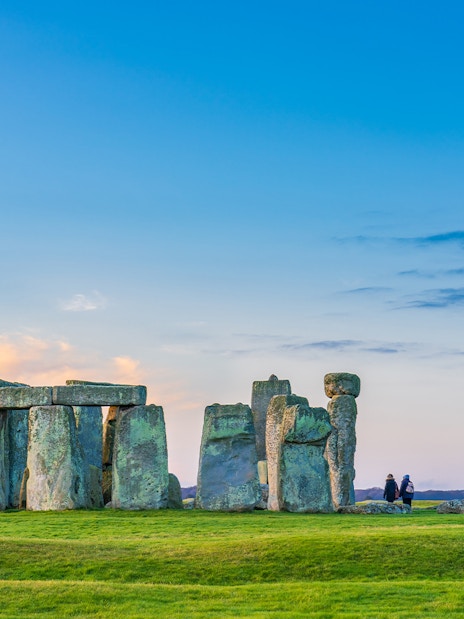 Stonehenge at sunrise with a clear sky in England, United Kingdom.
