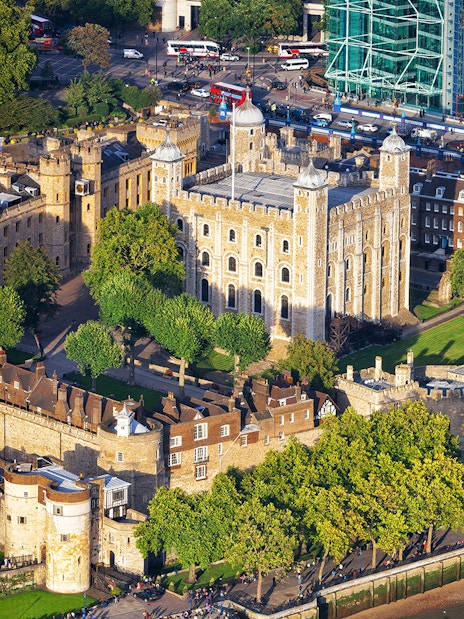 Aerial view of Tower of London with surrounding Thames River in London, England.