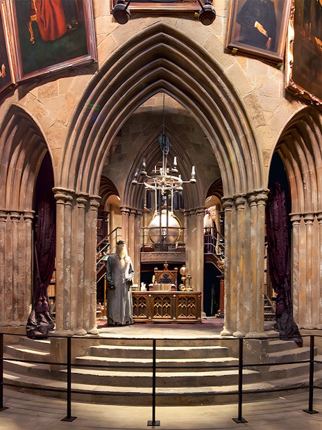 Costume exhibits in hall at Harry Potter London tour.