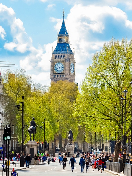 Big Ben and Whitehall Street view near Westminster Abbey, London.
