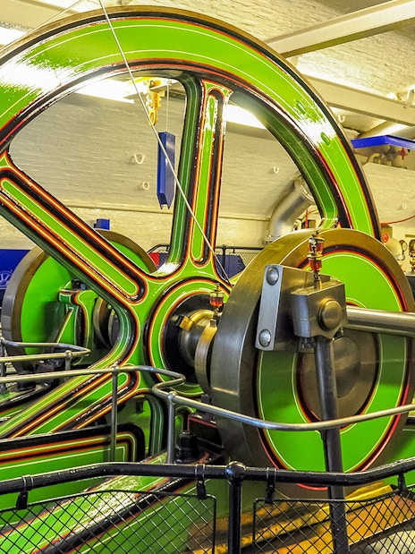 Tower Bridge Engine Room with historic machinery in London, England.